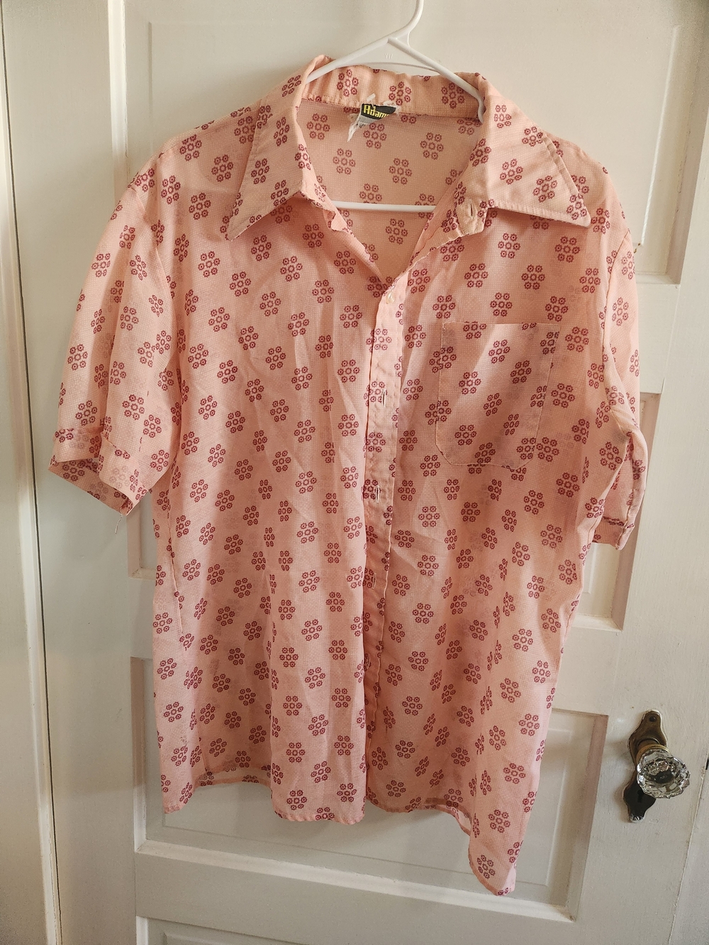Vintage 70s Pink Floral Button Up Shirt Retro Dagger Collar Short Sleeve